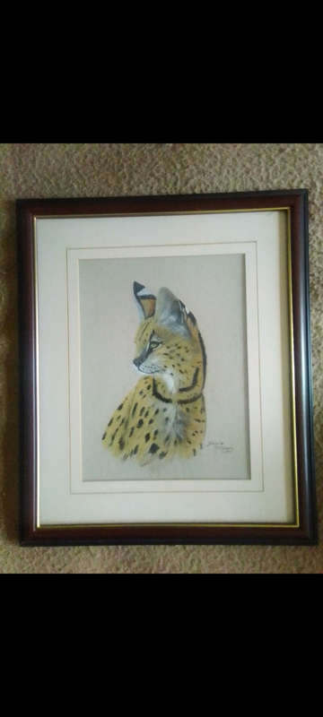 Beautiful acrylic wildlife painting of Serval Cat in smart wooden glass frame