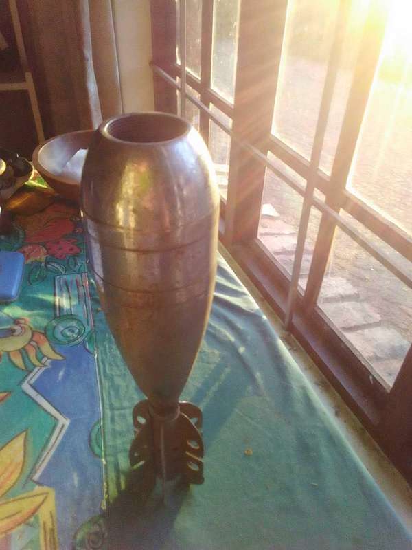 Second world war ground mortar empty souvenir steel projectile casing with tail fin