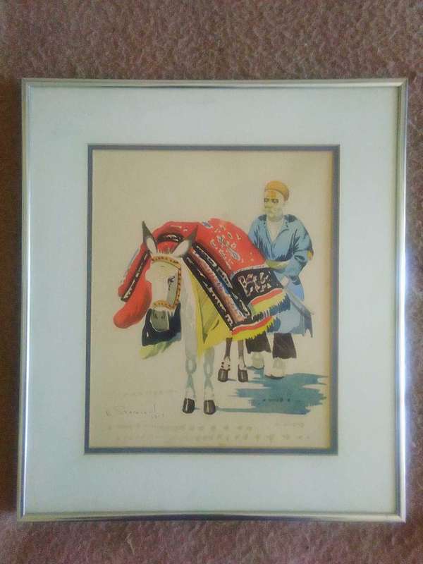 Original man on donkey watercolor painting in aluminium glass frame