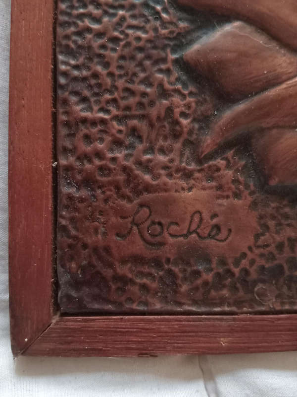 Protea on copper relief in wood display