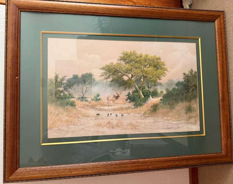 Kudu pastel original painting with guineafowls in bush