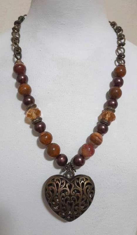 Vintage Puffy Filigree Heart Pendant Necklace with Agate, Faux Pearl, and Citrine Crystal Beads