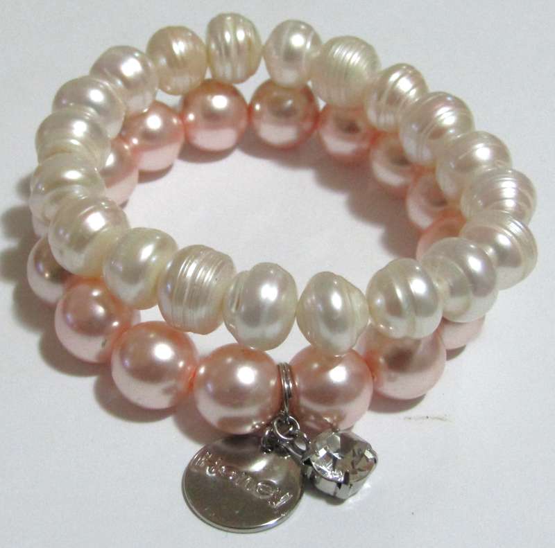 Pair of Vintage Pearl Stretch Bracelets - Natural Freshwater & Faux Pink Pearl with Crystal Charm