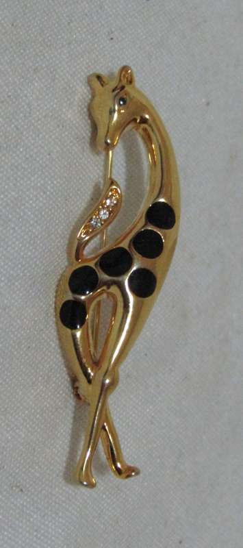 Mid-Century Modern Gold Tone Enamel and Rhinestone Giraffe Brooch Pin
