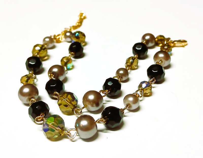1980s LDADPR French Gold Tone Bracelet  Double Strand with Aurora Borealis and Faux Pearls