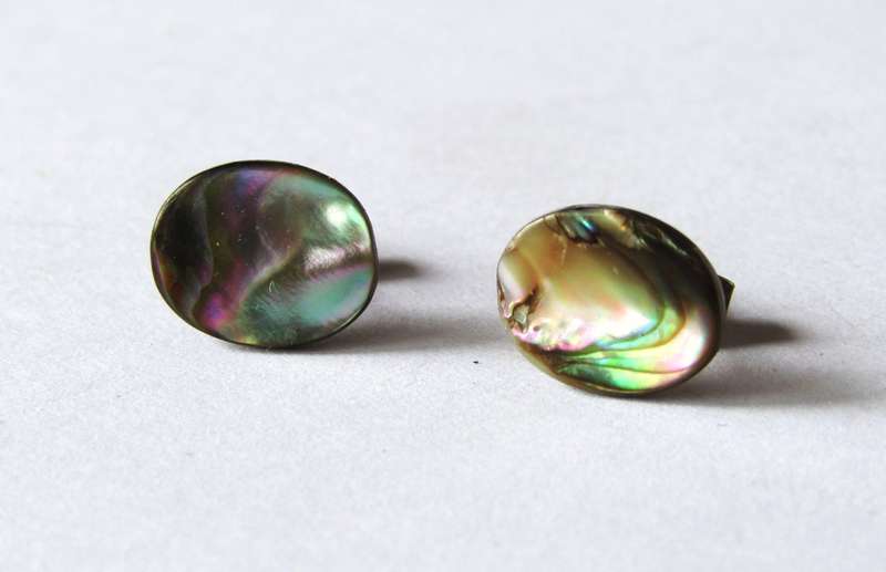 Vintage Small Oval Silver-tone and Mother of Pearl Stud Earrings