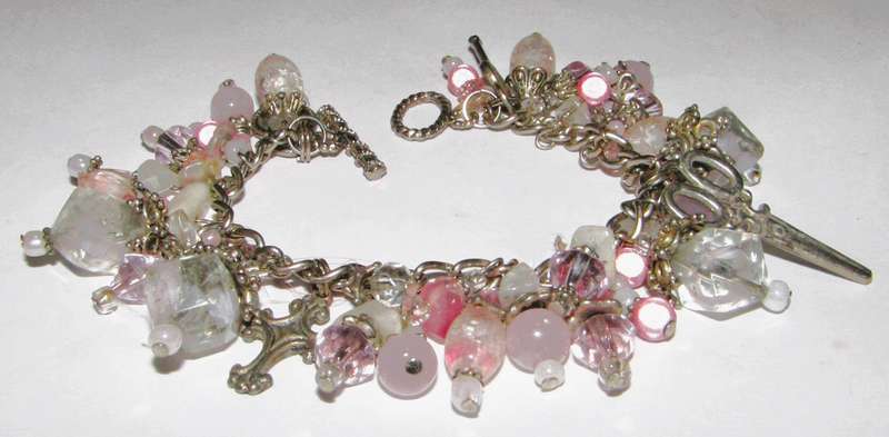 Vintage Pink Glass Bead Bracelet with Silver Tone Charms