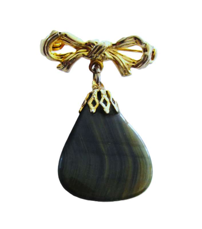 Vintage Gold Tone Bow Dangle Brooch pin with genuine green jasper stone
