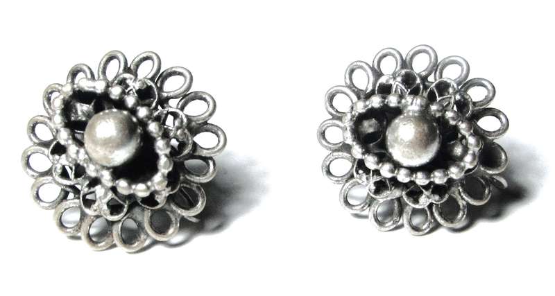 Antique Silver Plated Brass Etruscan Screw Back Earrings
