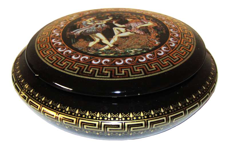 Vintage Black Glazed Porcelain Trinket Box with 24K Gold Decor  Made in Greece by Adis