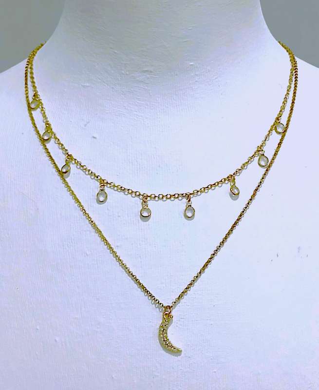 Vintage Gold-Tone Double Strand Necklace with Sparkling Moon Pendant