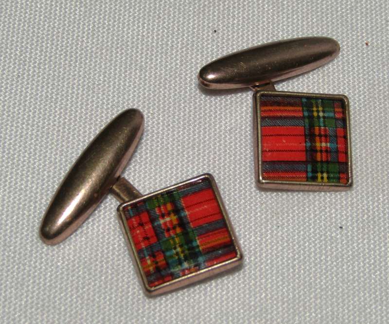 Vintage Copper/Rose Gold Celluloid Scottish Tartan Cufflinks c1930