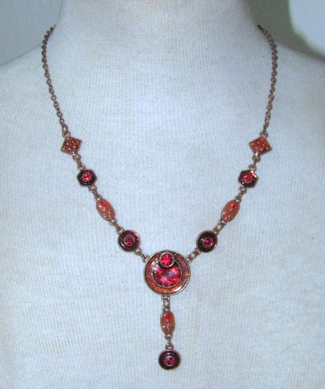Vintage Brass, Amber and Ruby Red Enamel, and Ruby Red Crystal Necklace and Earrings Set