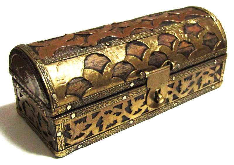 Vintage Decorative Wooden Box with Brass and Copper Inlays