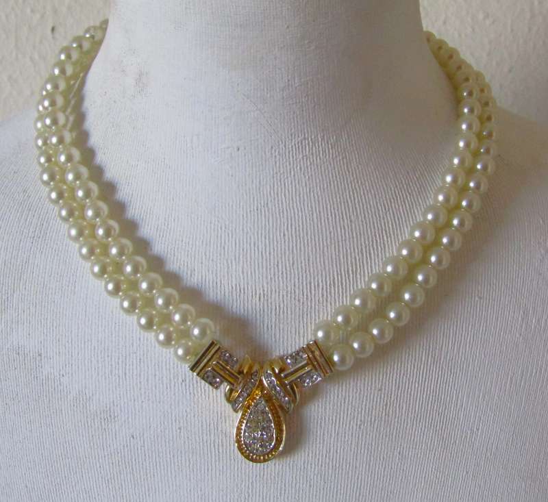 Vintage Double Strand Faux Pearl Necklace with Gold Plated and Clear Rhinestone Art Deco Pendant