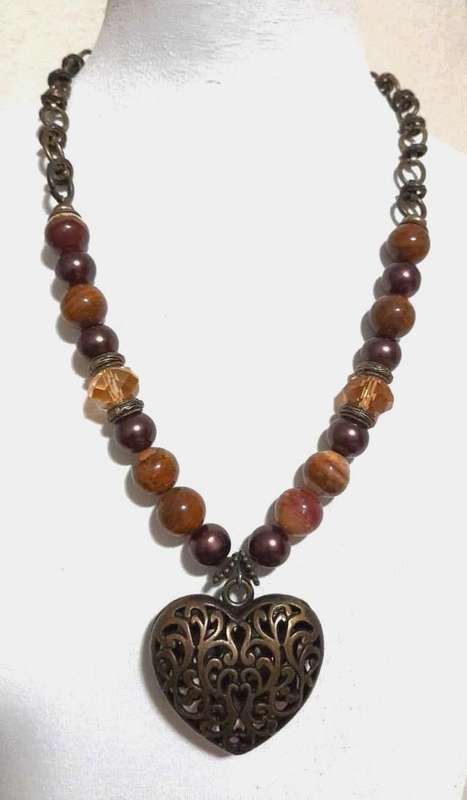 Vintage Puffy Filigree Heart Pendant Necklace with Agate, Faux Pearl, and Citrine Crystal Beads