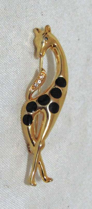 Mid-Century Modern Gold Tone Enamel and Rhinestone Giraffe Brooch Pin