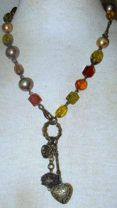 Vintage Brass-Tone Charm Necklace | Faceted Glass Beads & Faux Pearls | Warm Earthy Tones