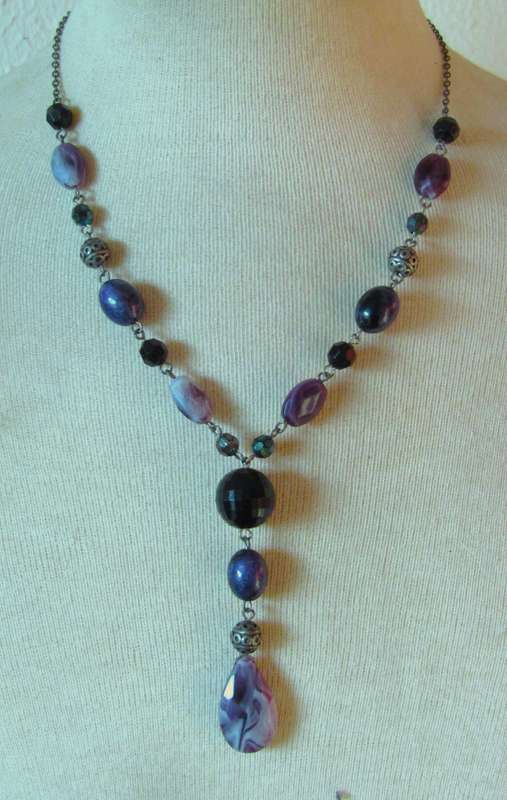 Vintage Simulated Amethyst & Silver Tone Filigree Bead Necklace