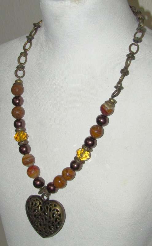 Vintage Puffy Filigree Heart Pendant Necklace with Agate, Faux Pearl, and Citrine Crystal Beads