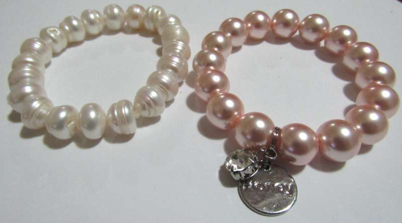 Pair of Vintage Pearl Stretch Bracelets - Natural Freshwater & Faux Pink Pearl with Crystal Charm