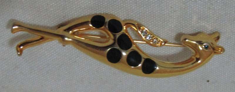 Mid-Century Modern Gold Tone Enamel and Rhinestone Giraffe Brooch Pin