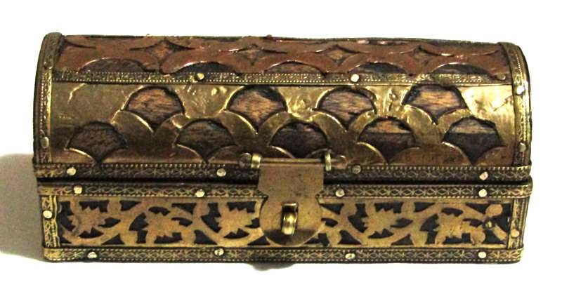 Vintage Decorative Wooden Box with Brass and Copper Inlays