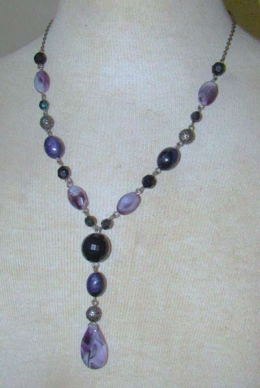 Vintage Simulated Amethyst & Silver Tone Filigree Bead Necklace