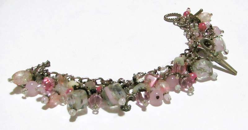 Vintage Pink Glass Bead Bracelet with Silver Tone Charms