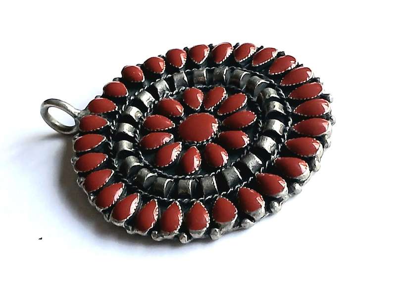 Vintage Round Silvertone Pendant with Red Enamel Decoration