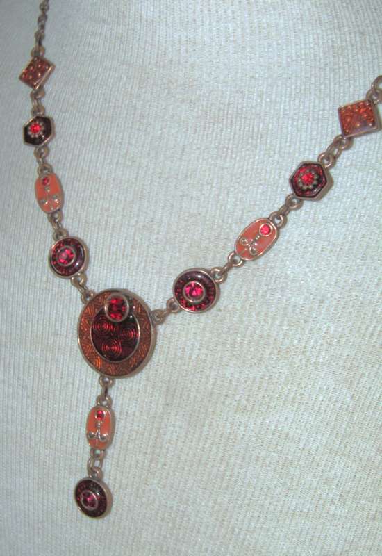 Vintage Brass, Amber and Ruby Red Enamel, and Ruby Red Crystal Necklace and Earrings Set
