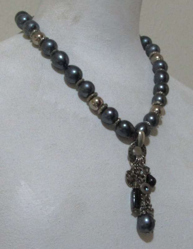 Vintage Silver-Tone and Metallic Gray Beaded Necklace with Removable Pendant