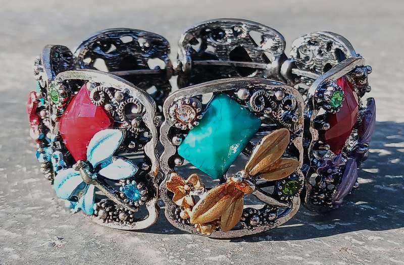Filigree Silver-Tone Cuff Bracelet with Colorful Glass & Crystal Accents - Dragonfly Motif