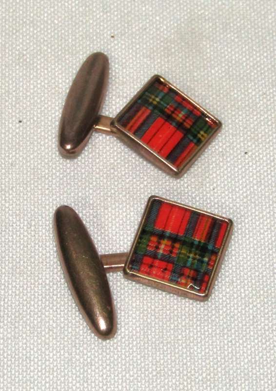 Vintage Copper/Rose Gold Celluloid Scottish Tartan Cufflinks c1930