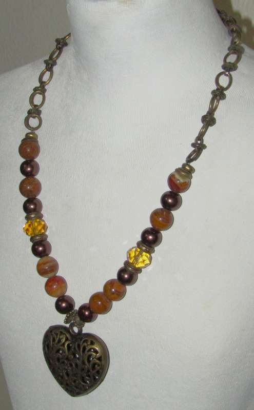 Vintage Puffy Filigree Heart Pendant Necklace with Agate, Faux Pearl, and Citrine Crystal Beads