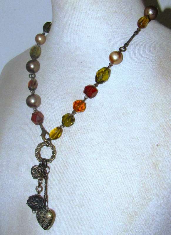 Vintage Brass-Tone Charm Necklace | Faceted Glass Beads & Faux Pearls | Warm Earthy Tones