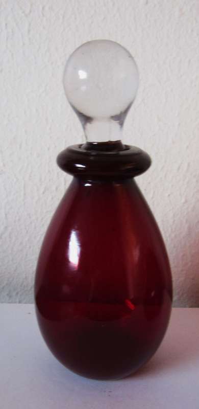Set of Two Vintage Ruby Red Hand Blown Glass Perfume Bottles with Clear Stoppers (c. 1970)