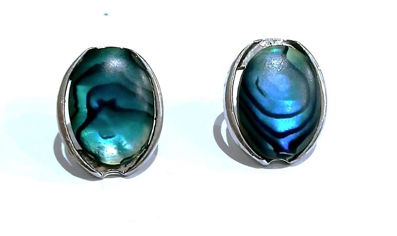 Vintage Mid-Century Paua Shell Stud Earrings - Iridescent Silver-Tone Jewellery