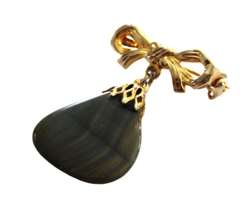 Vintage Gold Tone Bow Dangle Brooch pin with genuine green jasper stone