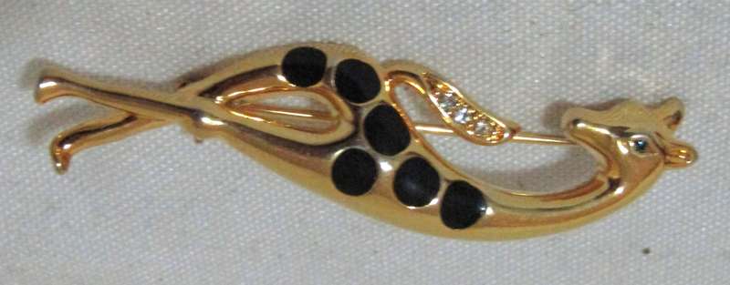 Mid-Century Modern Gold Tone Enamel and Rhinestone Giraffe Brooch Pin