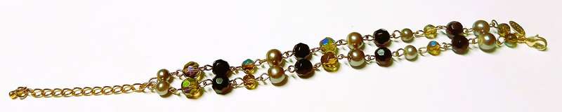 1980s LDADPR French Gold Tone Bracelet  Double Strand with Aurora Borealis and Faux Pearls