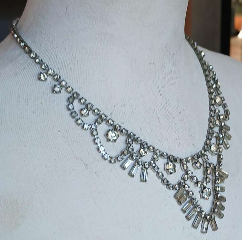 Dazzling Vintage 1950s Silvertone and Rhinestone Statement Necklace  Post-War Glamour