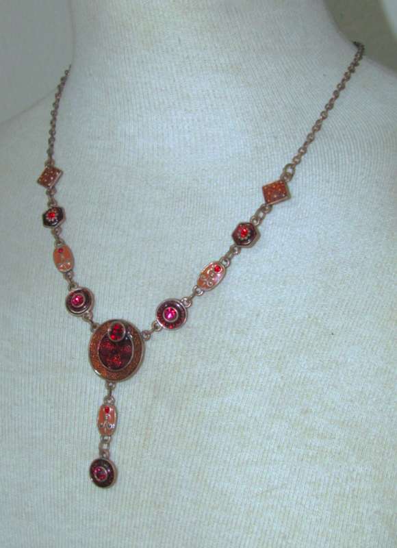 Vintage Brass, Amber and Ruby Red Enamel, and Ruby Red Crystal Necklace and Earrings Set