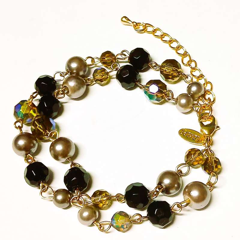 1980s LDADPR French Gold Tone Bracelet  Double Strand with Aurora Borealis and Faux Pearls