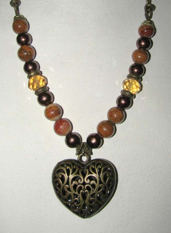 Vintage Puffy Filigree Heart Pendant Necklace with Agate, Faux Pearl, and Citrine Crystal Beads