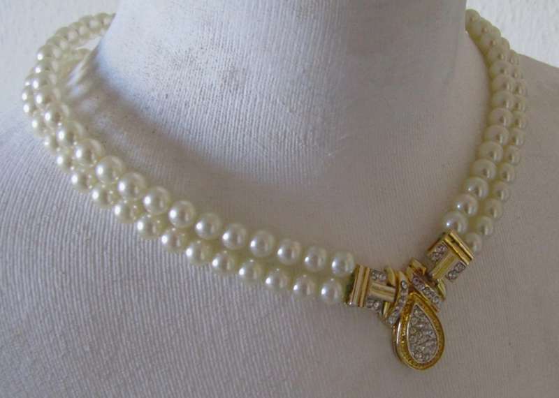 Vintage Double Strand Faux Pearl Necklace with Gold Plated and Clear Rhinestone Art Deco Pendant