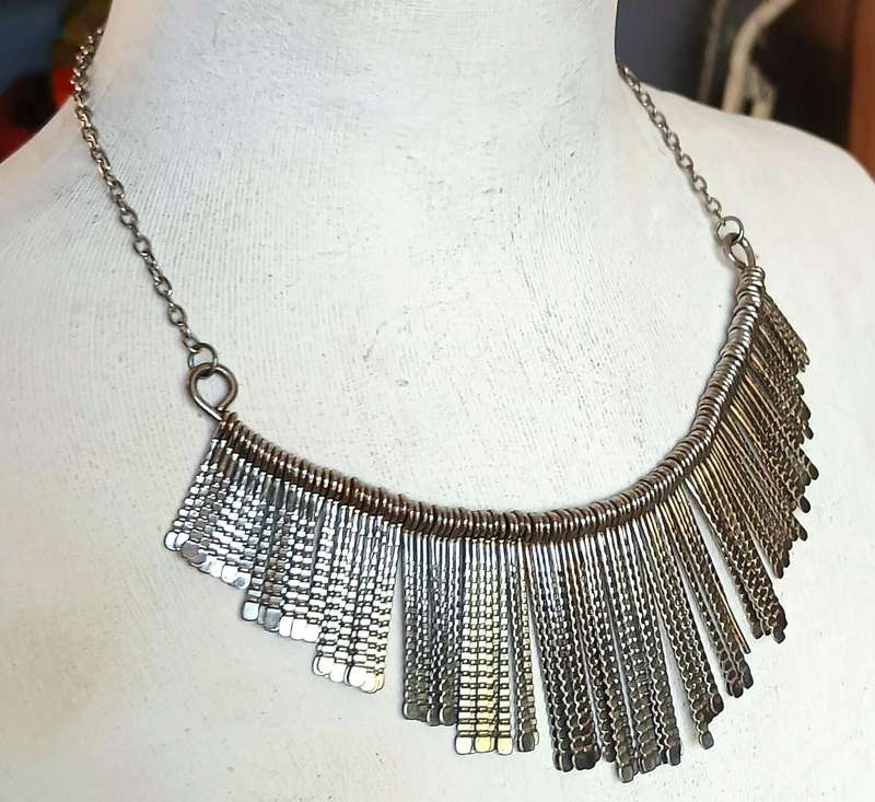 Striking Vintage Silver-Tone Fringe Bib Necklace  Industrial Chic Meets Brutalist Elegance