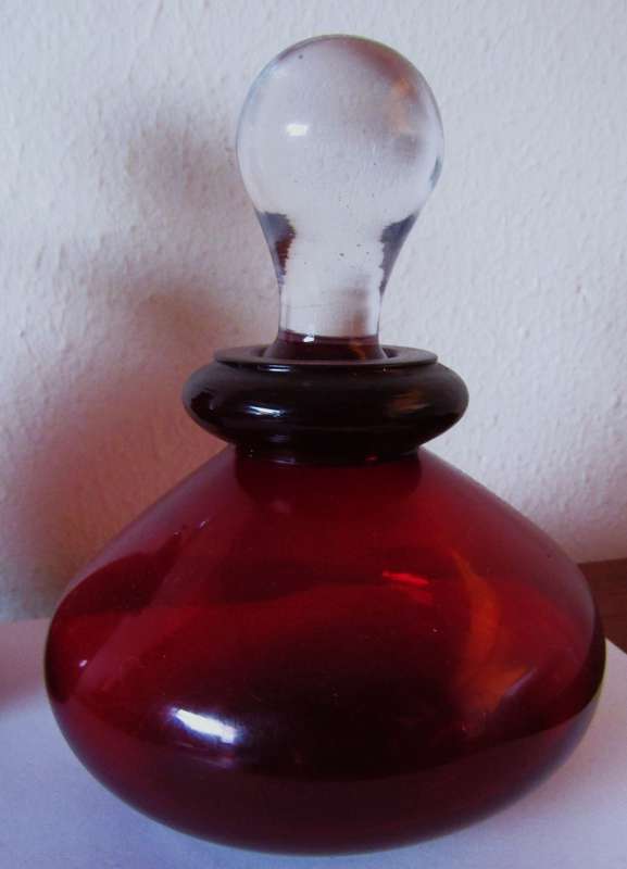 Set of Two Vintage Ruby Red Hand Blown Glass Perfume Bottles with Clear Stoppers (c. 1970)