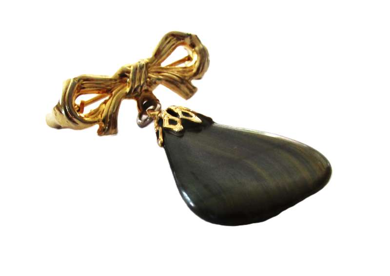 Vintage Gold Tone Bow Dangle Brooch pin with genuine green jasper stone