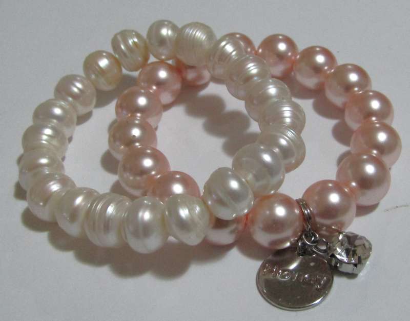 Pair of Vintage Pearl Stretch Bracelets - Natural Freshwater & Faux Pink Pearl with Crystal Charm